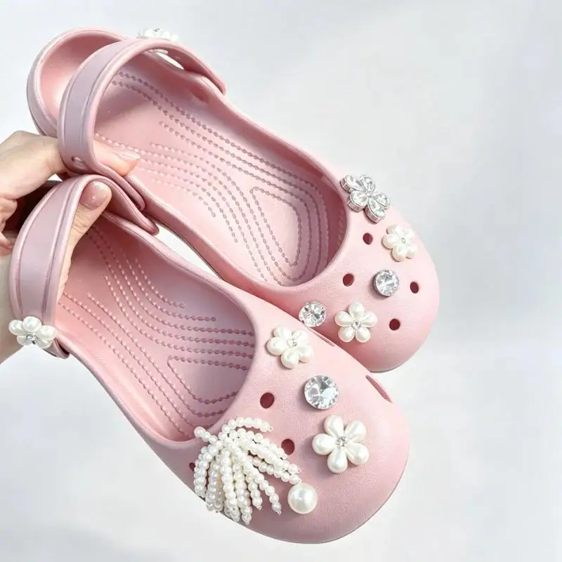 Korean Fairy Pearl Bowknot Ballet Clogs Shoes Decorations Woman Elegant Flower DIY Shoes Charms Set Summer Women Shoe Accessorie