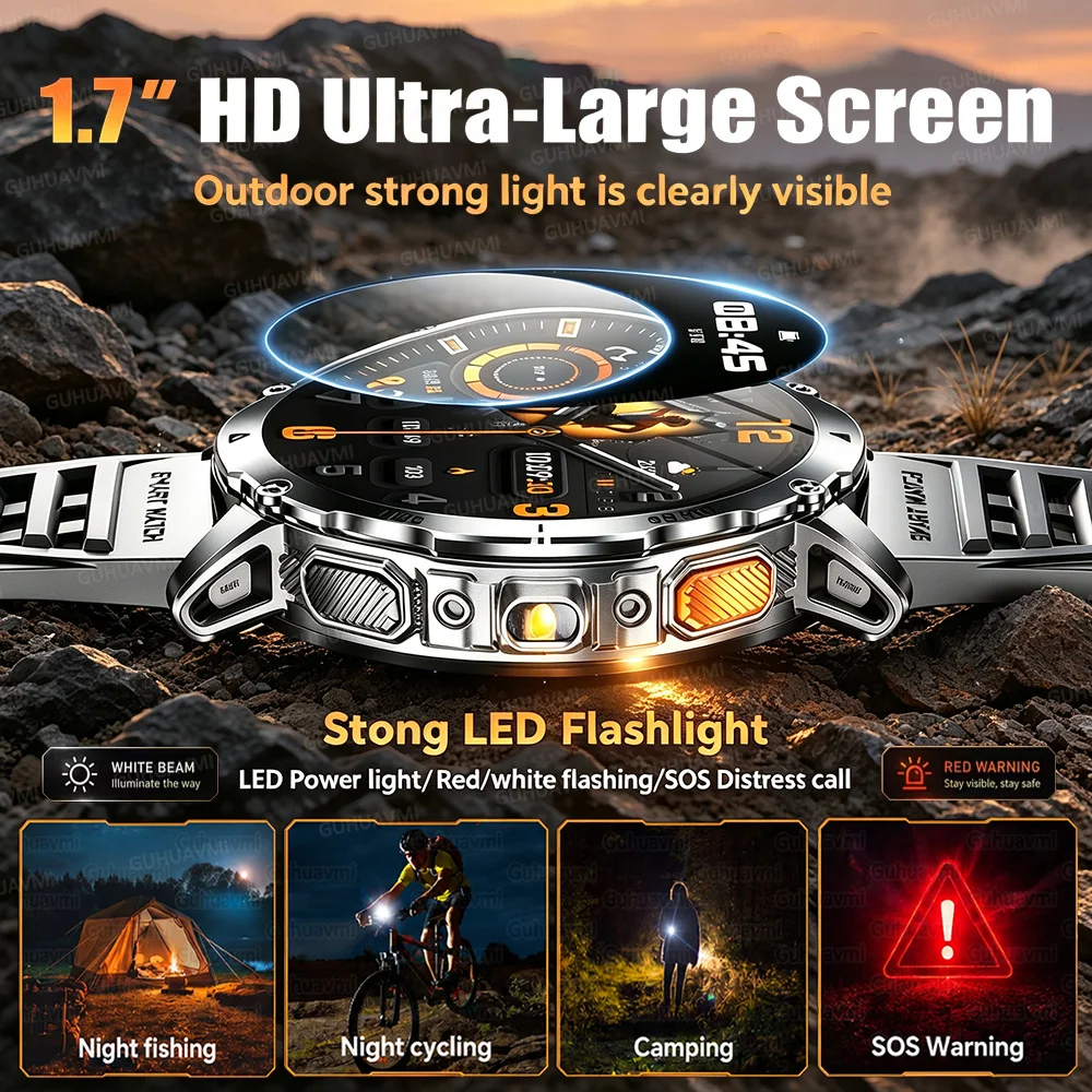 New Outdoor Military Smartwatch Men 1400mAh 150Days Standby LED Flashlight IP68 Waterproof BT Call Health Tracker SOS AlarmWatch