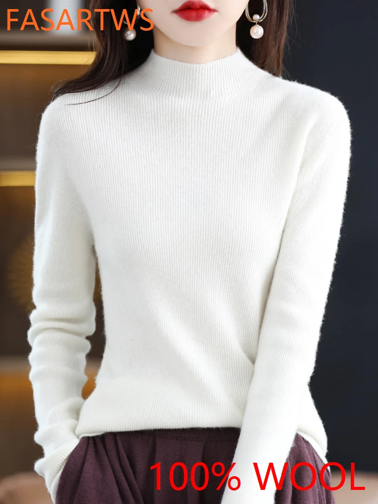 

Women's 100% Wool Ribbed Knitted Slim Fit Sweater Bodycon Bottoming Shirt Long Sleeve Layering Piece Warm Winter Mock Neck Top