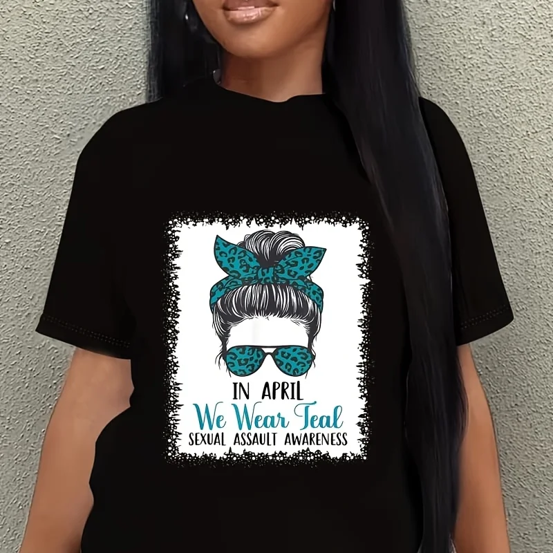 In April We Wear Teal Messy Bun Assault Awareness Women's Plus Size T-Shirt 100% Cotton 220g