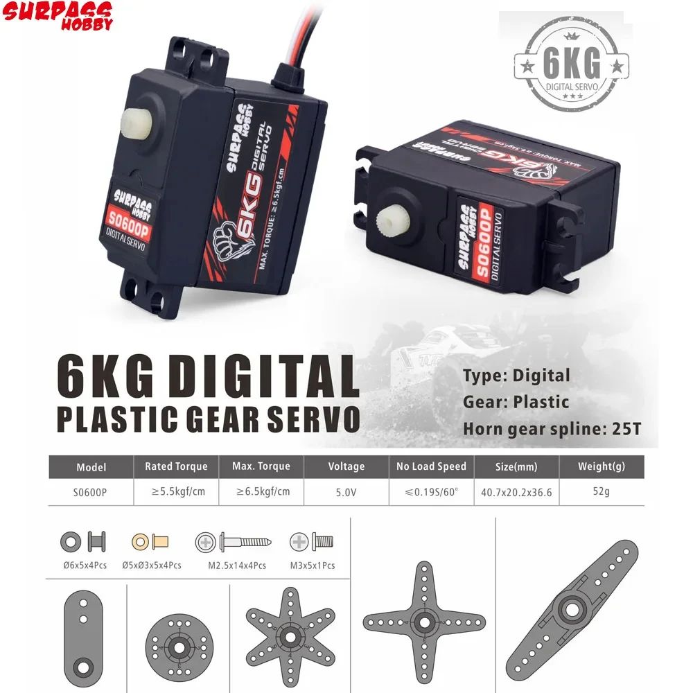 SURPASS Hobby-Servo numérique à engrenage en plastique S0600P, 6kg, pour RC 1/10, 1/12, 1/14, voiture RC à grande vitesse, avion RC, bateau, robot intelligent