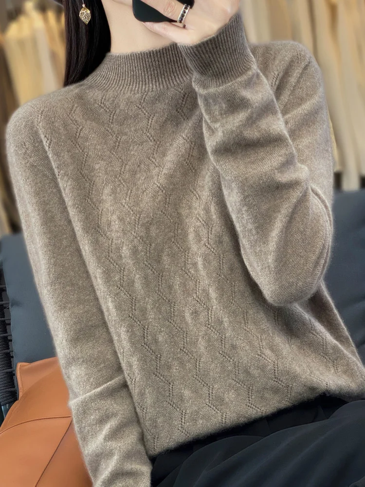 Women Autumn Winter Sweater 100% Merino Wool Pullover Mock Neck Hollow Long Sleeve Cashmere Knitwear Female Clothing New Fashion