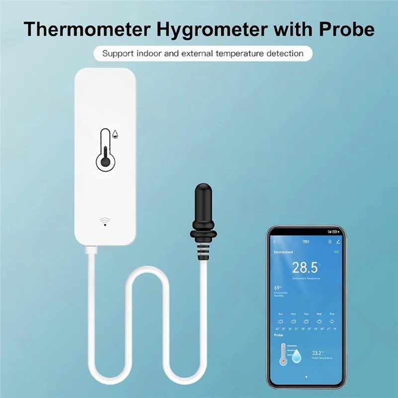 A92Z Tuya Wifi Temperature Humidity Sensor With External Probe Wireless Monitoring Via App For Freezer Fish Tank Compatibility