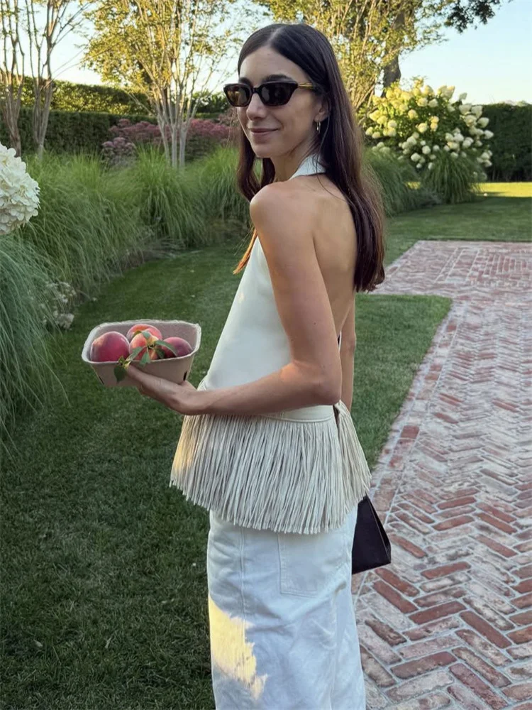 Women's Backless PU Leather Tank Top with Tassel Detail