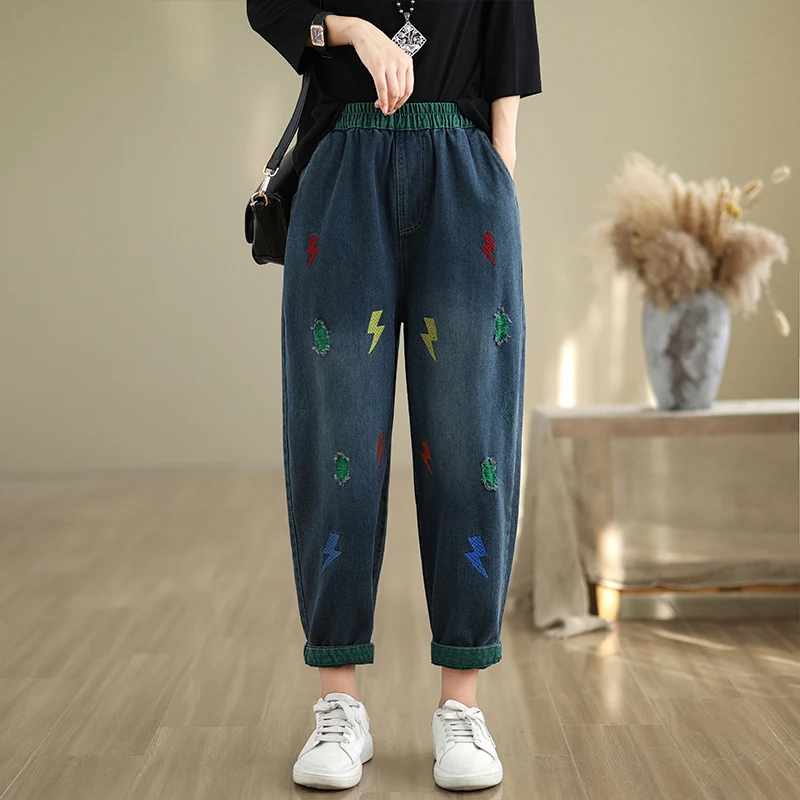 

Loose Fit Casual Fashionable Large Size Dad Jeans Embroidered Waistband Blue High Waist Loose Leggings Letter Pattern