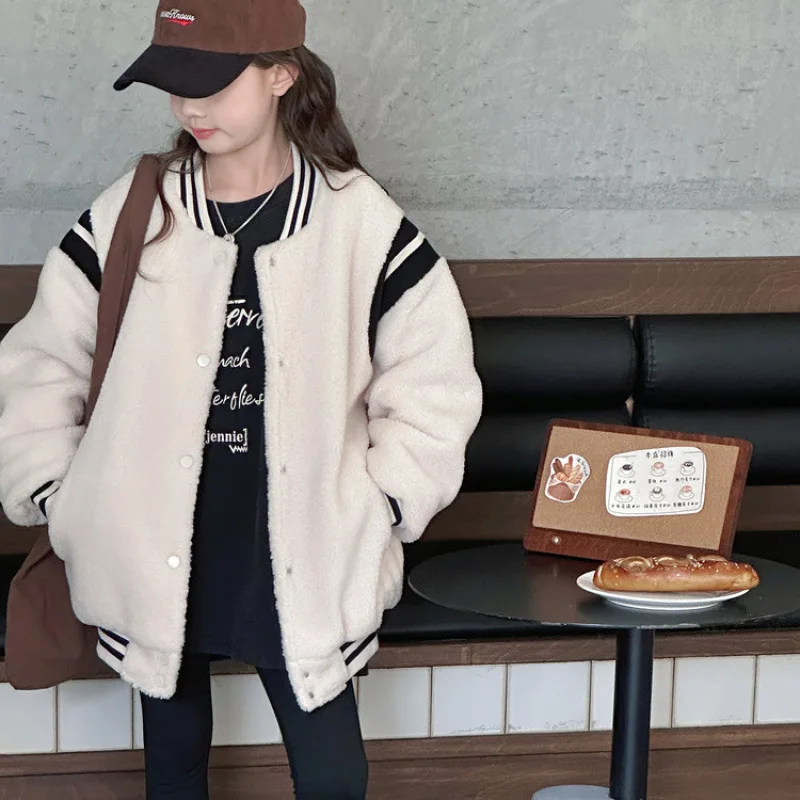 

Детское пальто для девочек, осенняя полосатая однобортная утепленная куртка для девочек-подростков, свободная верхняя одежда с длинными рукавами для девочек-подростков