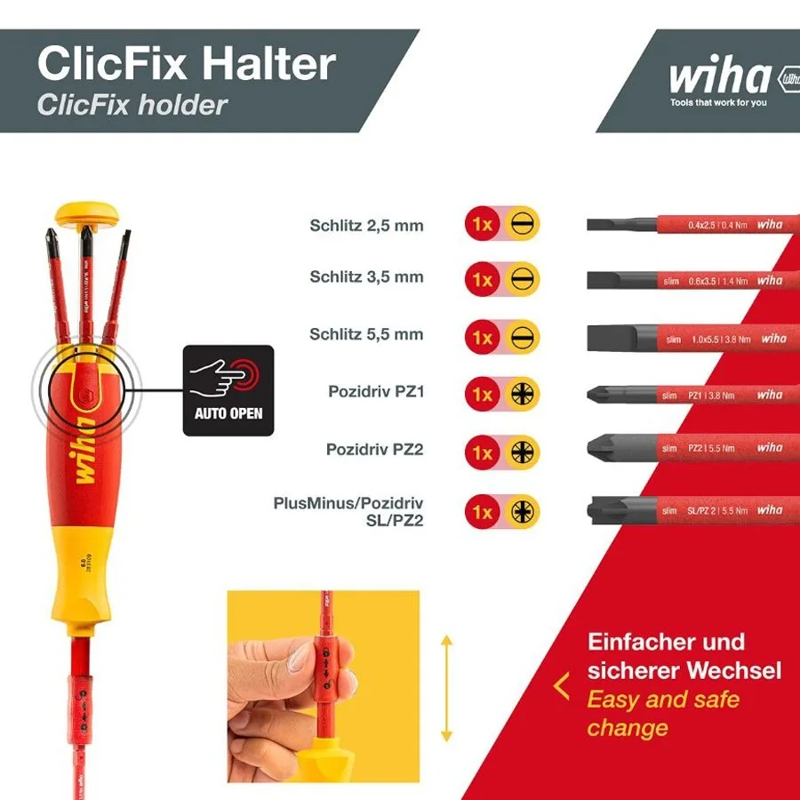 WIHA 41234 Insulated Screwdriver with 6Pcs Slim Magnetic Slotted and Pozidriv Bits Electrician Magazine Screwdriver Hand Tool