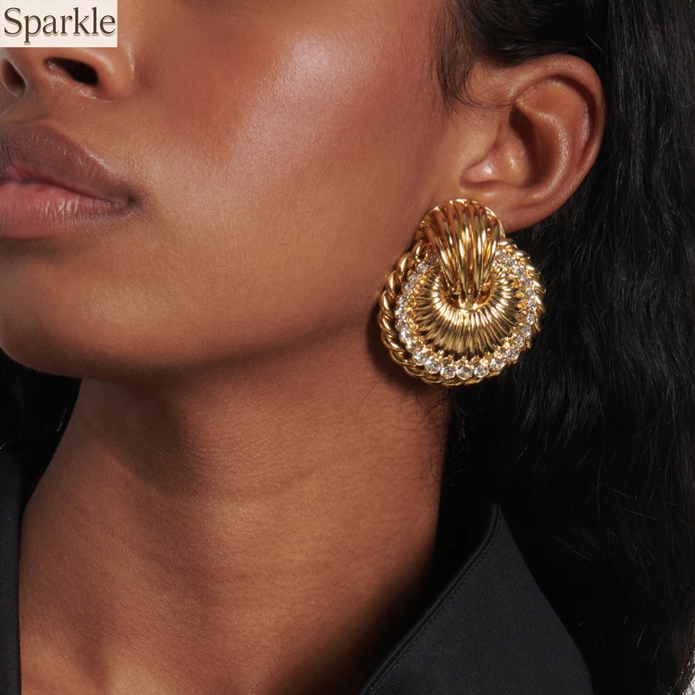 

Exaggerated 18K Gold Plated Striped Zircon Circular Drop Earrings Luxury Rope Knot Circle French Retro Earrings Women Jewelry