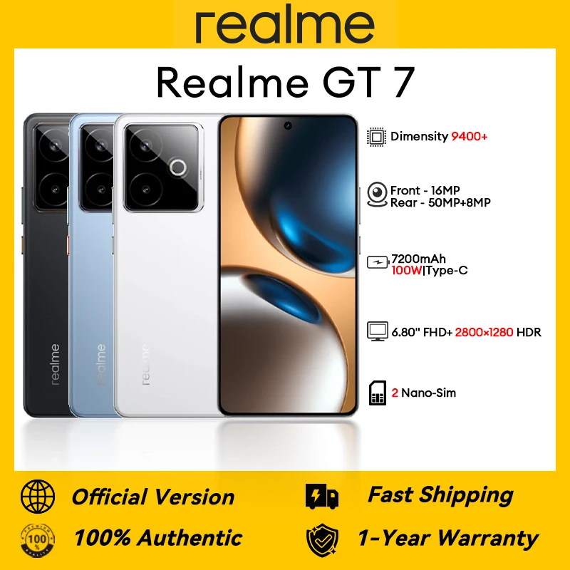 مقفلة! Realme GT 7 MTN-NX1 البعد 9400+ 6.80 بوصة FHD+ 2800×1280 144 هرتز 50MP+8MP+16MP 7200mAh 100W Type-C 2 Nano-SIM #1