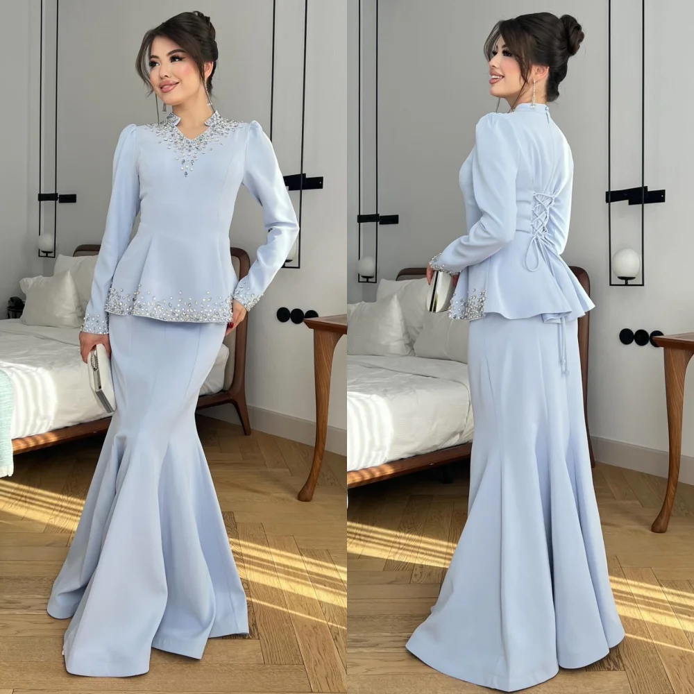 

Customized Fashion Jersey Pleat Sequined Mermaid V-neck Long Dresses Bespoke Occasion Evening Simple Chinese Style