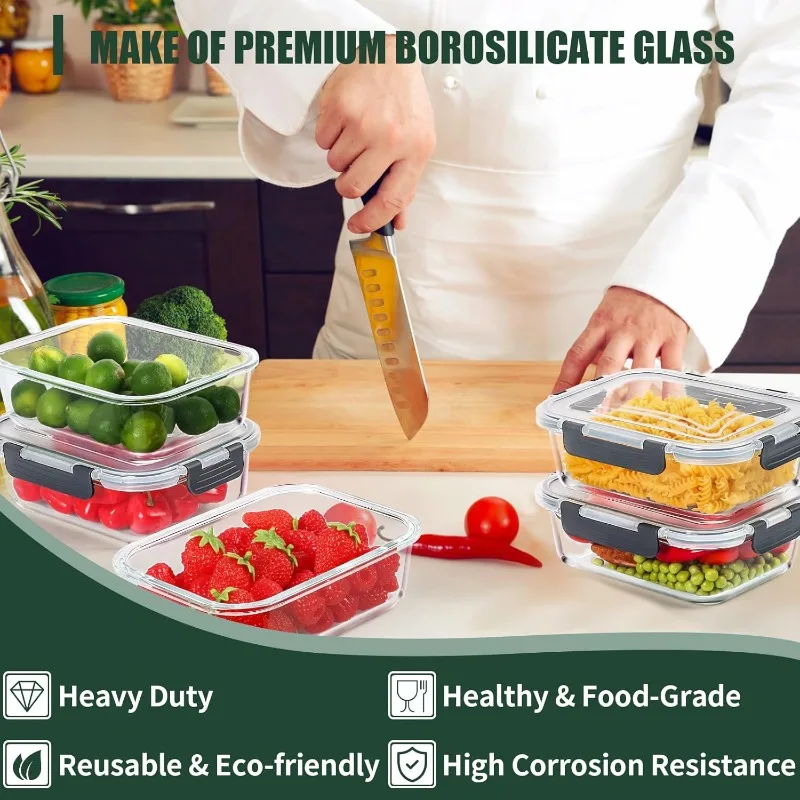 Glass Pre-dinner Container with Lid, 5 Packs of 36 Oz Glass Food Storage Containers, Airtight Glass Lunch Containers