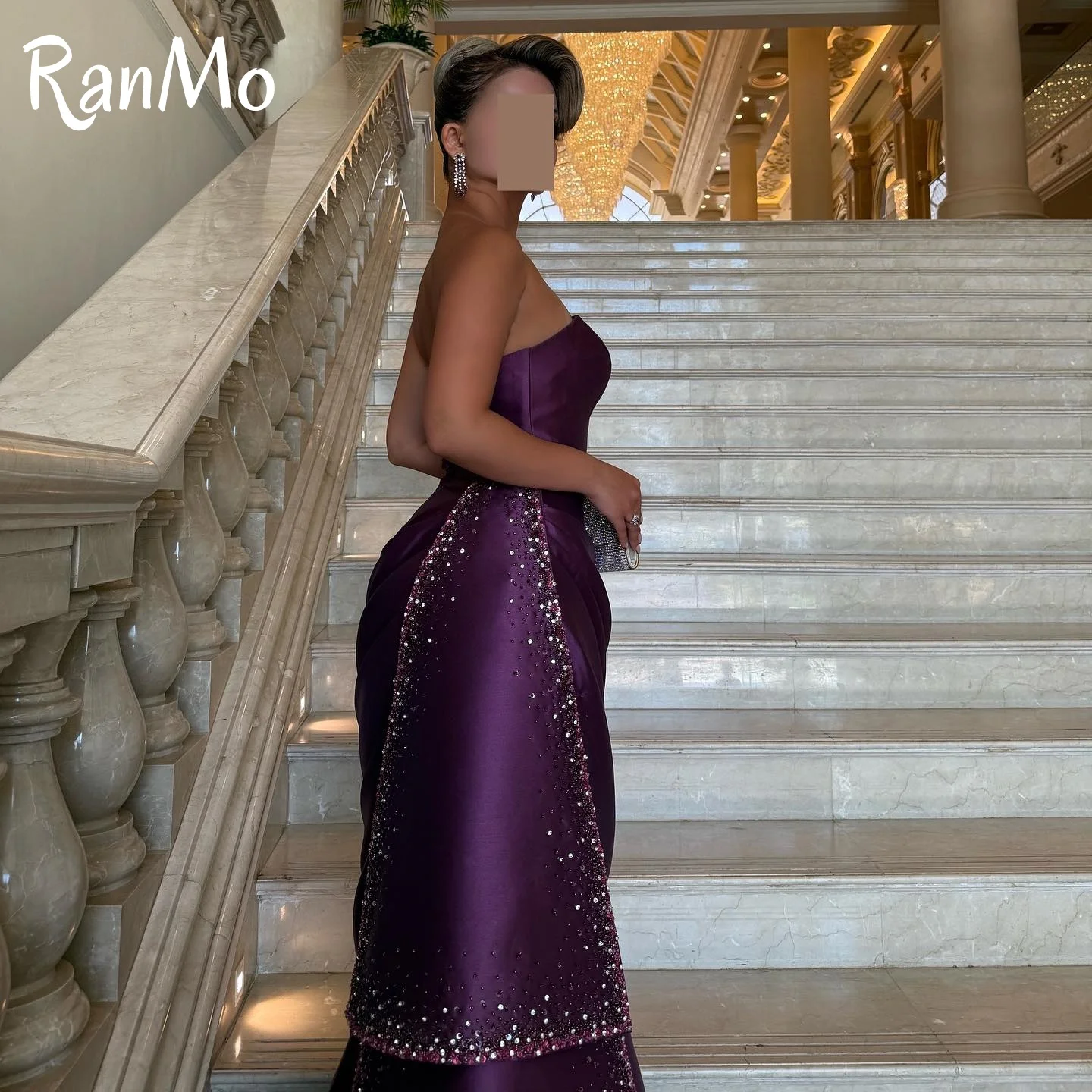 Ranmo Customized Exquisite Strapless Sleeveless Evening Dress High Quality Satin Prom Dresses Delicate Crystal Bridal Party Gown