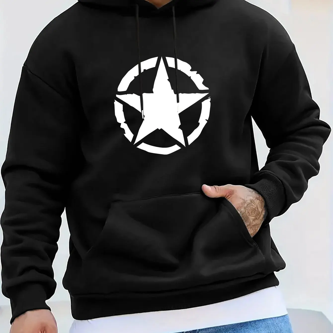 

2025 Men's casual fashion hoodie geometric star pattern sportswear front pocket and hood with regular fit - seasonal hot fashion