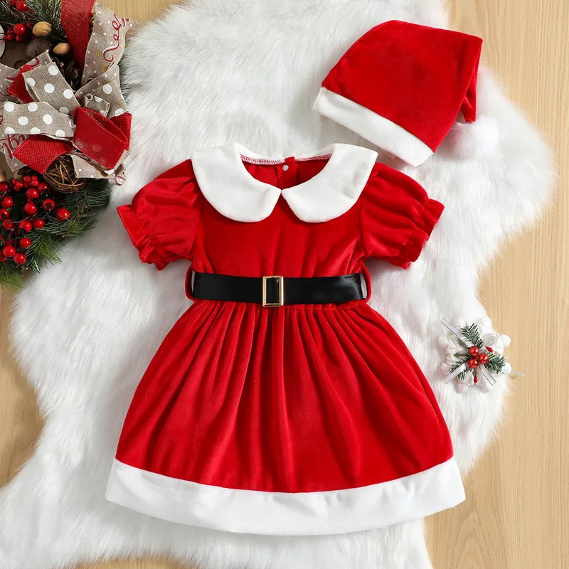 6 Months to 4 Years Christmas Toddler Girls A-line Dress Red Short Sleeve Doll Collar Dress with Belt & Hat