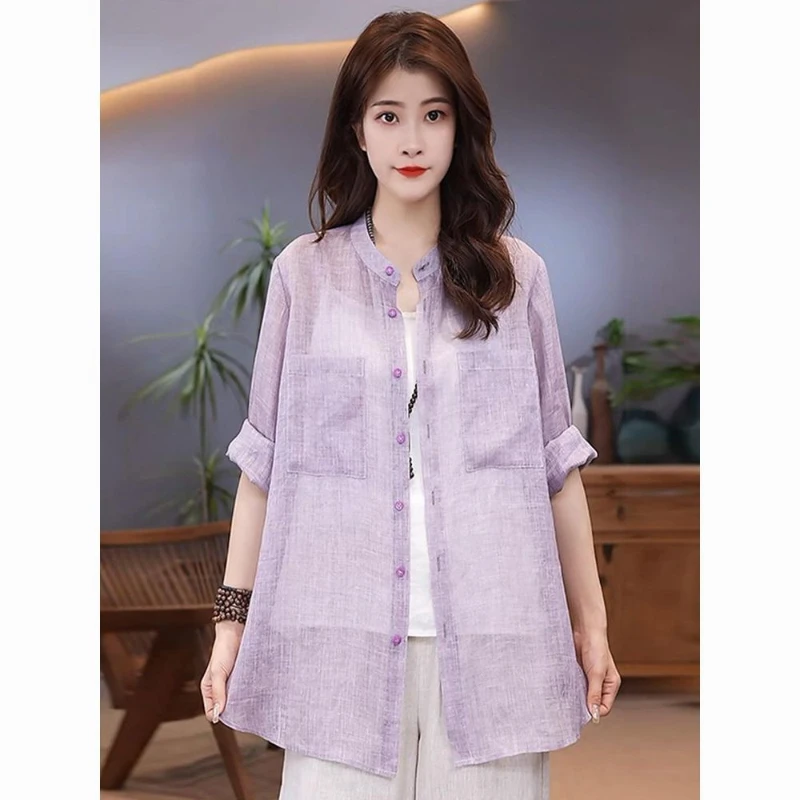 

Женская рубашка из хлопка и льна в стиле ретро с воротником-стойкой, топ большого размера с длинными рукавами, солнцезащитная рубашка средней длины, куртка