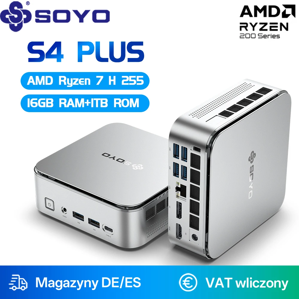 Mini PC SOYO S4 Plus AMD Ryzen 7 H255 CPU 16G DDR5 5600Mhz (do 64GB) 1TB SSD PCIE3.0 NVME WIFI6 BT5.2 Komputer do gier 4K@120Hz