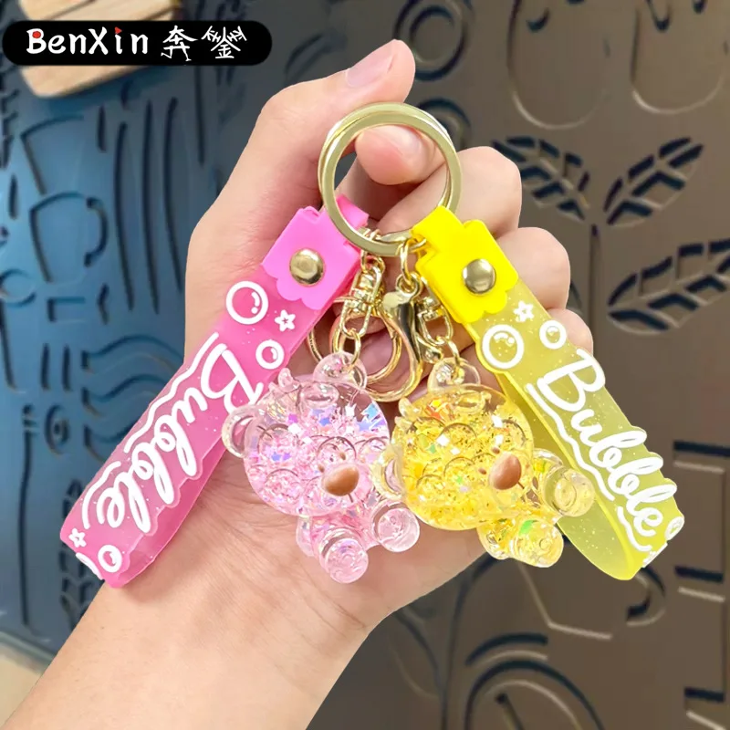 

Minso Oil-filled luminous sitting bear keychain for schoolbag pendant, cute car key chain pendant