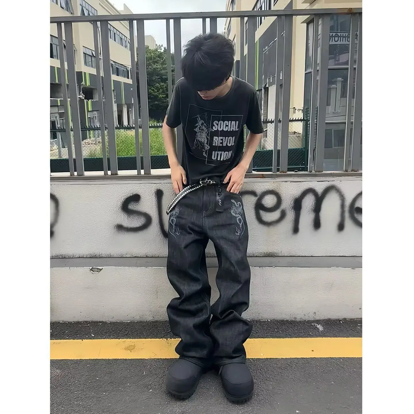 Men's Personalized Printed Pattern Jeans Summer Sweatpants Casual Pants Cool Boys Wide Leg Bottom Male High Waist Trousers