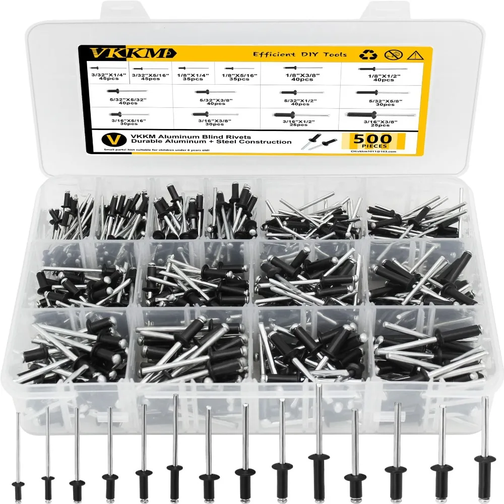 

500Pcs/Set 304 Stainless Steel Mushroom Head Rivets Kit 14 Sizes Round Head Blind Rivets Black Open-Type Pop Rivets
