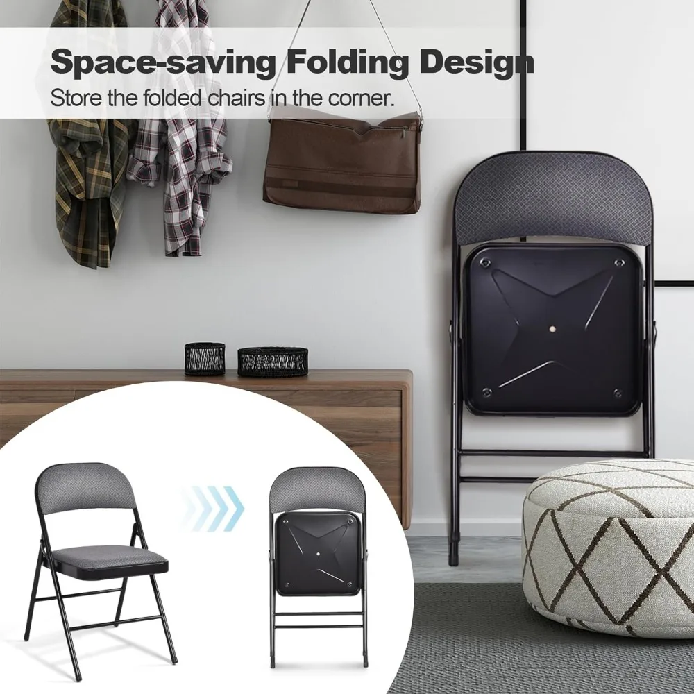 Paquet de 4 chaises de salle à manger en tissu avec structure en métal, sièges rembourrés, coussinets antidérapants, pliables pour un rangement facile