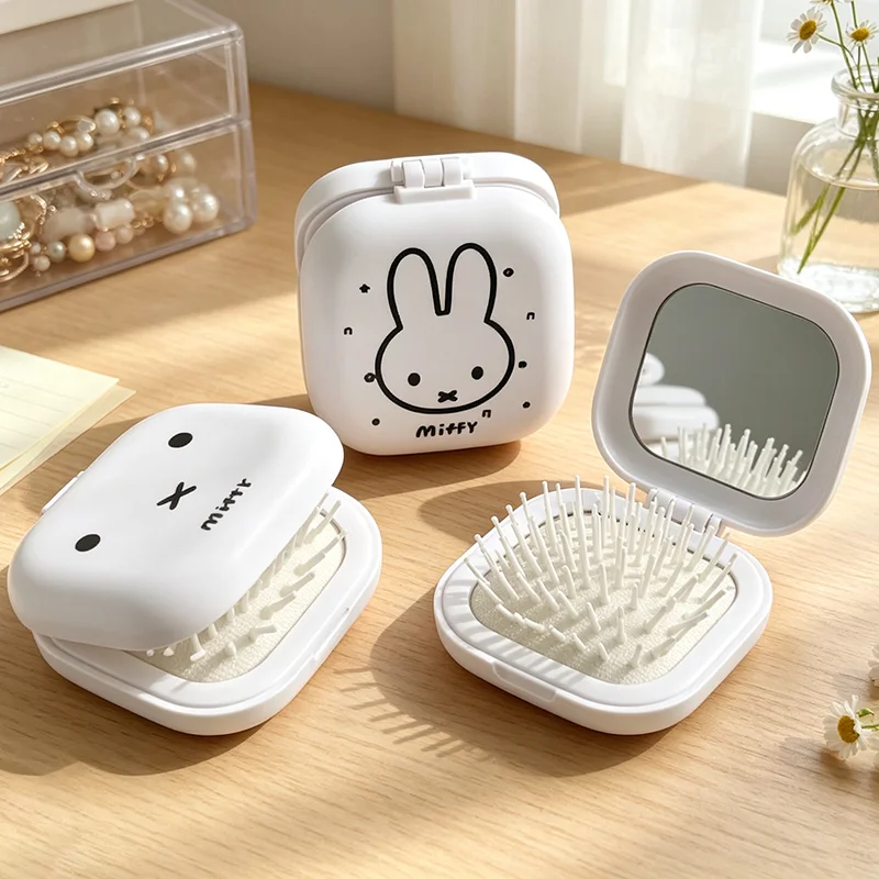 Cute Miffy Cartoon Rabbit Folding Air Cushion Comb With Mirror 2 in 1 Compact Pocket Comb Portable Student Travel Hair Tool Gift