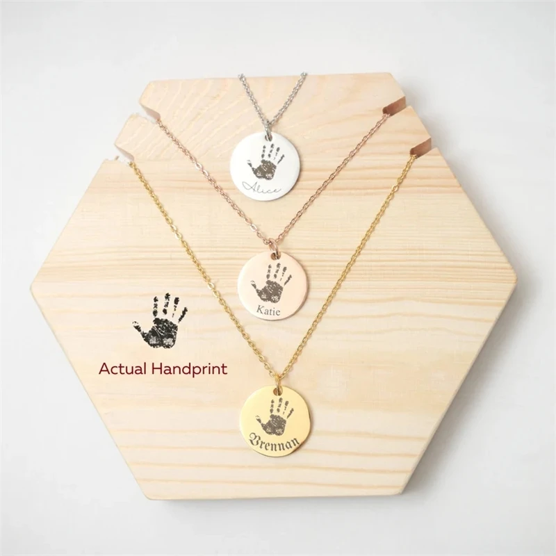 Custom Baby Birth Footprint Necklace Engraved Date Handprint Child Name Fingerprint Pendant Jewelry Gift for Mother