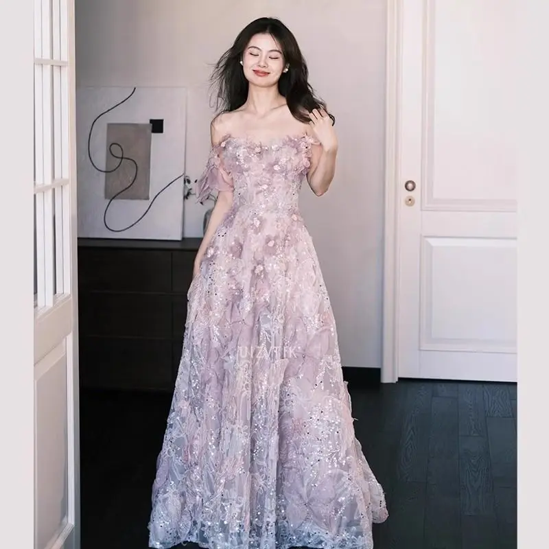 ライト高級女性イブニングパーティードレス宮殿スタイルノースリーブ手作りスパンコールアップリケ蝶妖精ウエディングドレス Vestidos