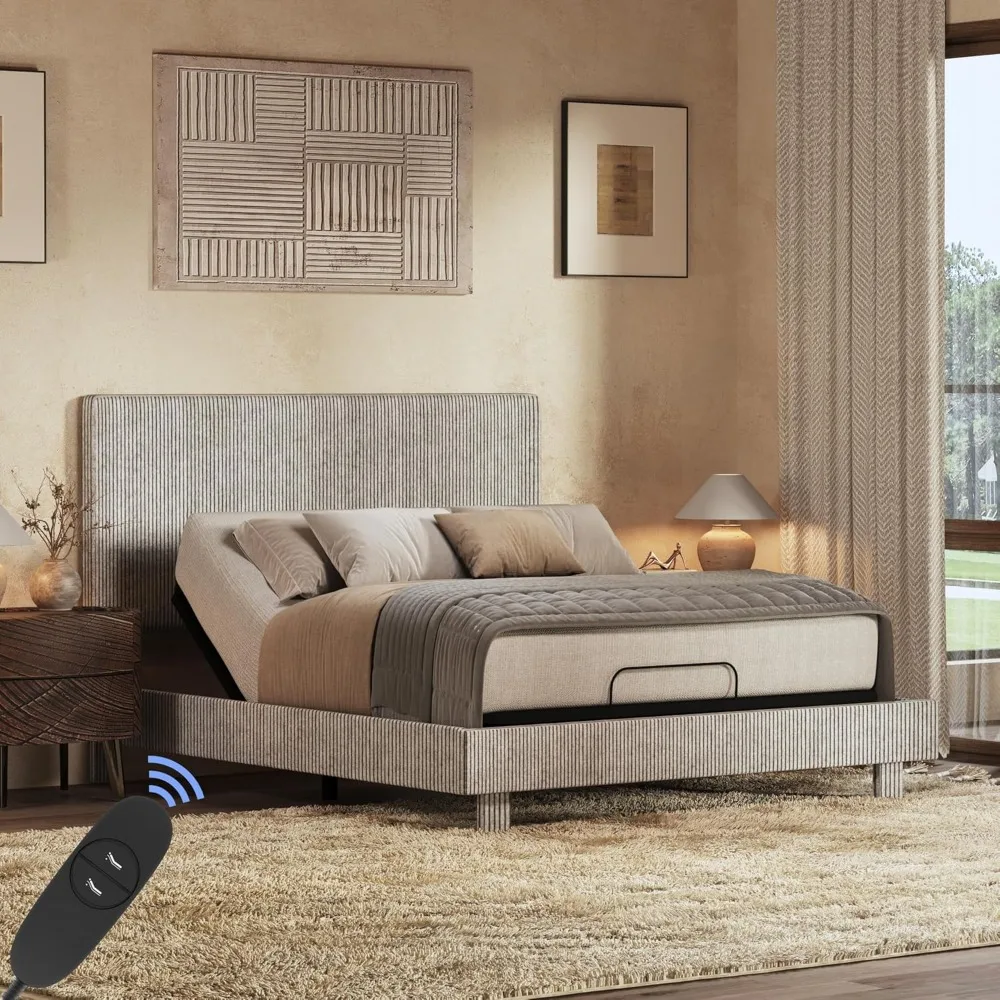 

Queen All-in-One Adjustable Bed with Velvet Upholstered Bed Frame, Vertical Channel Fluted Headboard, Head & Foot Lift