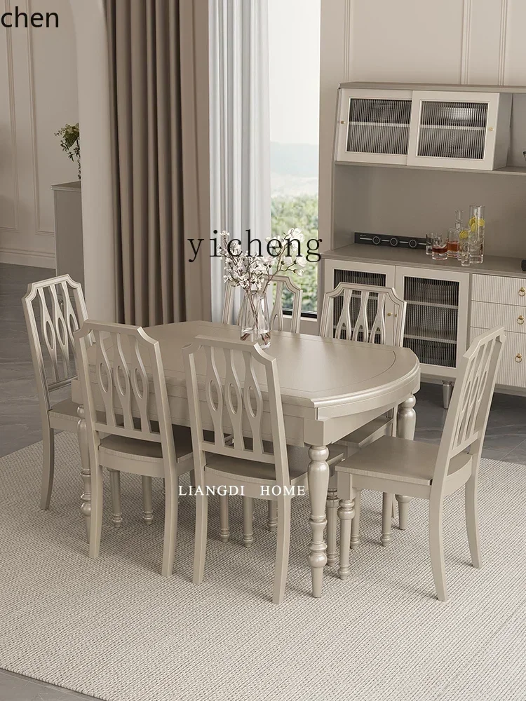 y8-   American-style Solid Wood Dining Table and Chair Set, Extendable and Foldable Round Table, Modern Living Room Table