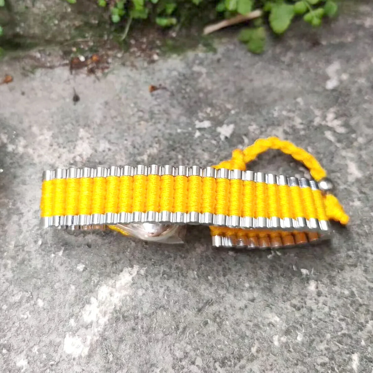 one Hand braided friendship bangle  bright yellow  and silver Metal