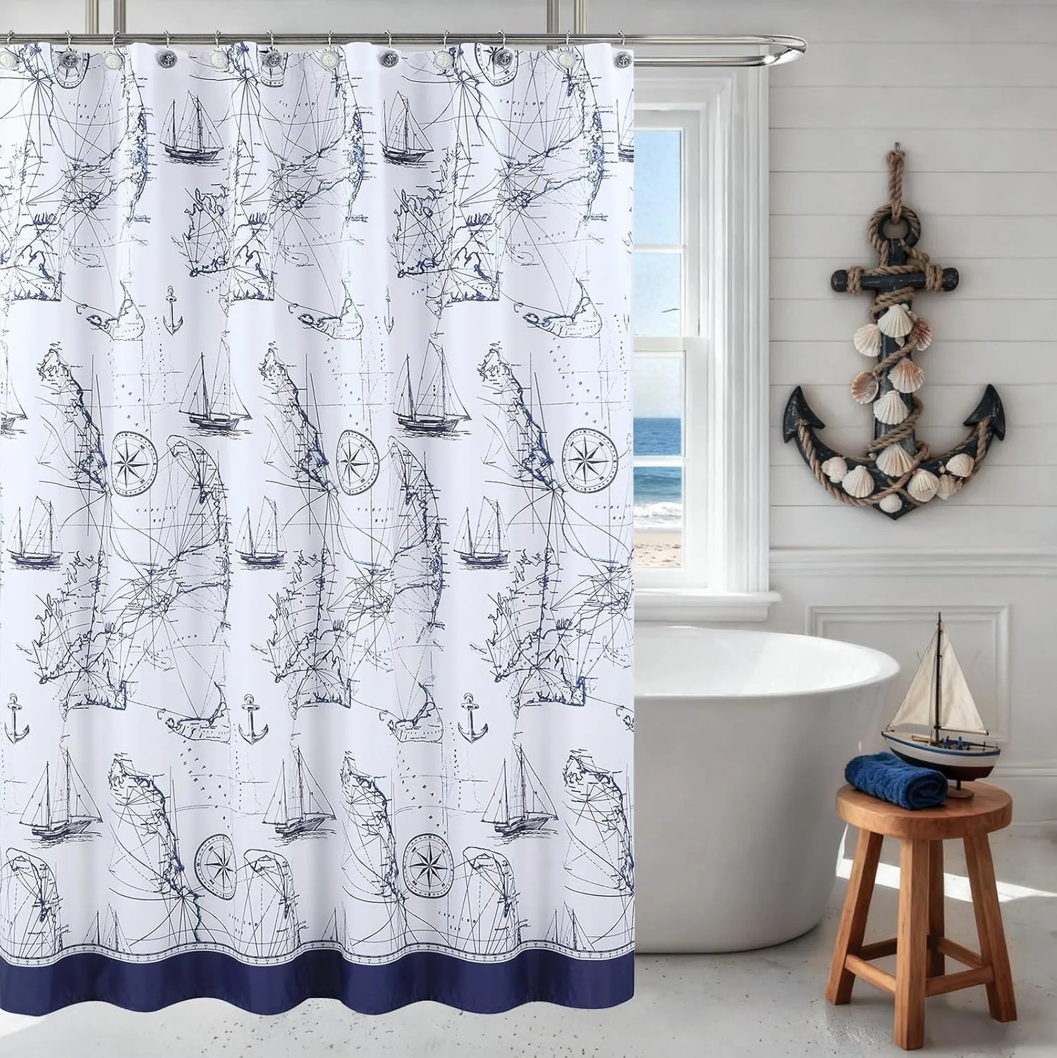 

Nautical Anchor Shower Curtain Navy Blue Waterproof Polyester Machine Washable with Hooks for Bathroom Decor