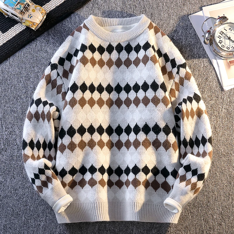 

2025 мужской свитер в стиле ретро с геометрическим дизайном, большой толстый вязаный пуловер, теплая, мягкая повседневная одежда, разноцветный уютный многослойный свитер