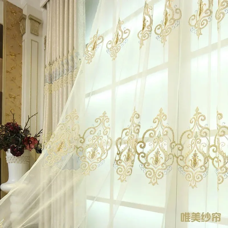 

New European Luxury Curtains for Living Room Bedroom Embroidery Atmosphere Hall Blackout Floor-to-ceiling Windows White Tulle