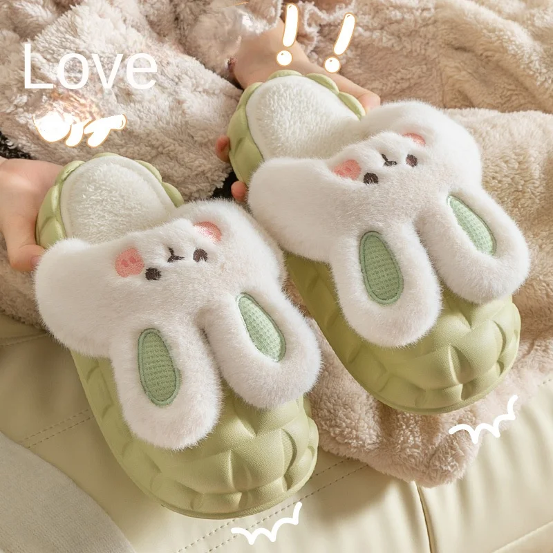 Mo Dou 2022 Winter Warm Women Slippers Waterproof Vamp Cute Rabbit Bear Decoration Indoor Outdoor Shoes Soft Plush Men Slippers