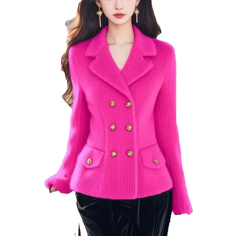 Autumn Winter Knitwear Mink Hair Sweater Women 2024 New Fashion Loose Casual Tops Button Pure Colour Pink Outerwear Female