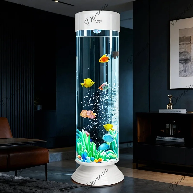 Cylindrical Acrylic Fish Tank Small Medium Living Room New Vertical Floor Standing Goldfish Tank One-Key Drain