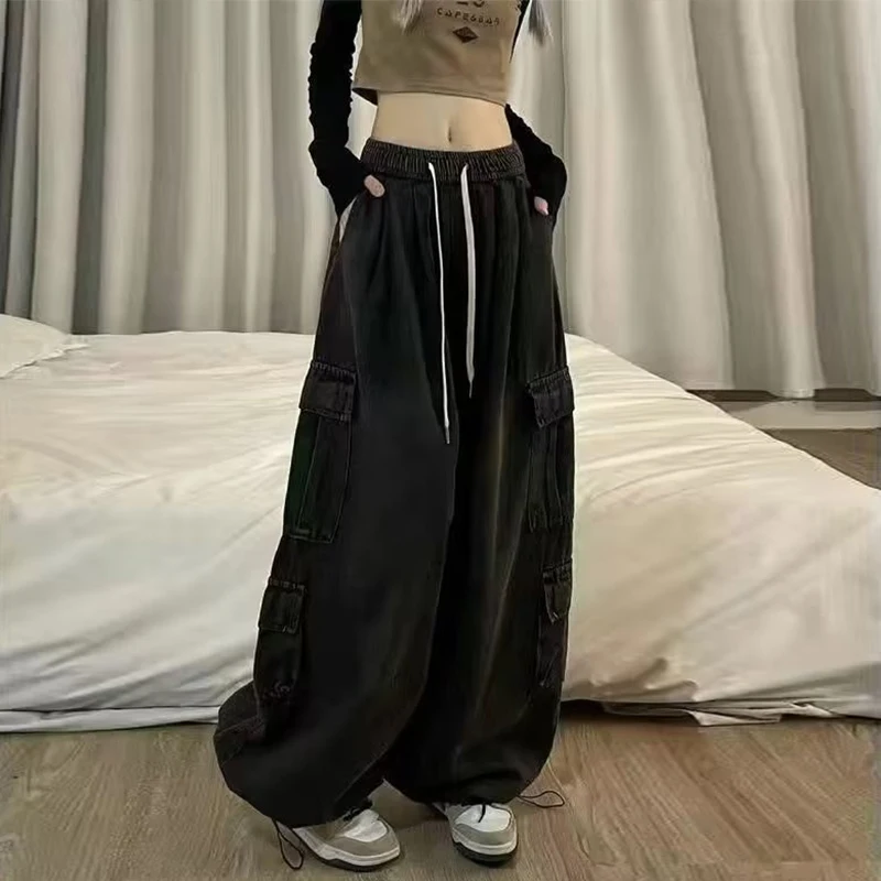 

High Waist Wide Leg Workwear Denim Pants American Style Retro Hiphop Trendy Brand Women's Straight Cut Casual Long Trousers