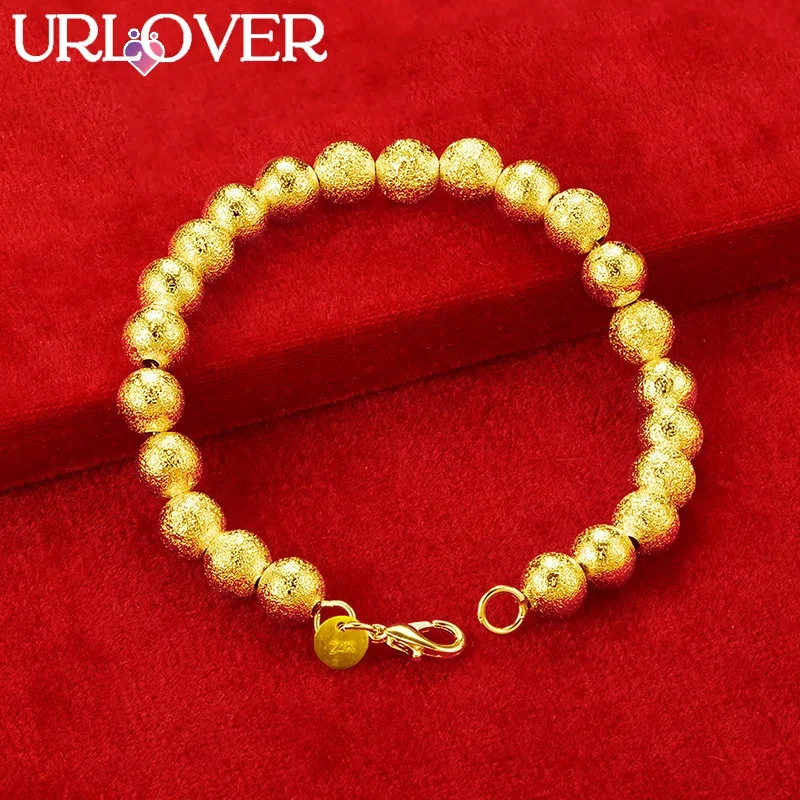 

URLOVER 18K Gold Bracelet Woman's 8mm Matte Beads Bracelets Lady Party Wedding Engagement Christmas Fashion Luxury Jewelry Gifts