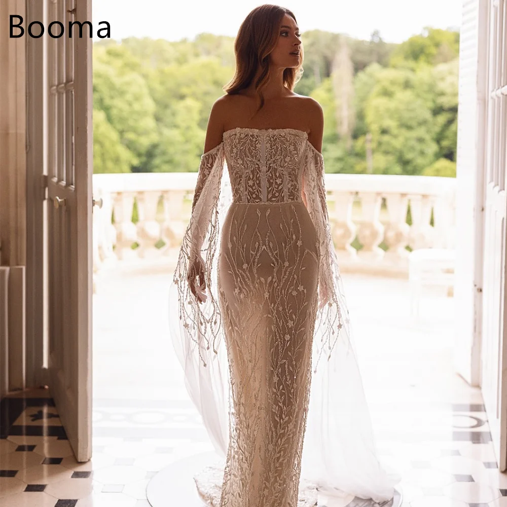 

Booma Mermaid Off The Shoulder Lace Appliques Elegant Wedding Dresses Shiny Long Brides Gown Custom Made 2025