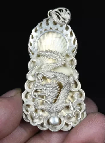 

6 cm Rare Old Chinese Miao Silver Feng Shui Dragon Playing Ball Lucky Bracelet