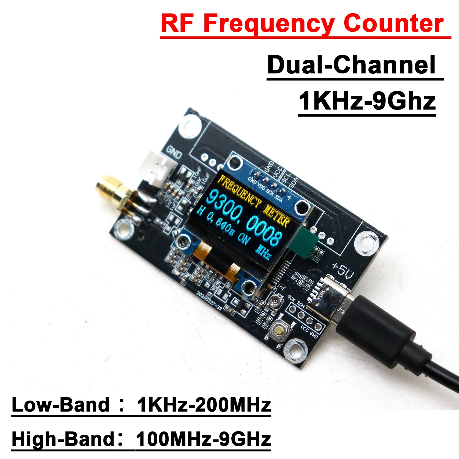 1KHz-9GHz Digital Frequency Meter Cymometer RF Signal Counter Tester Low/High Frequency Measurement 2.4GHz 5G 5.8GHz SMA Probe