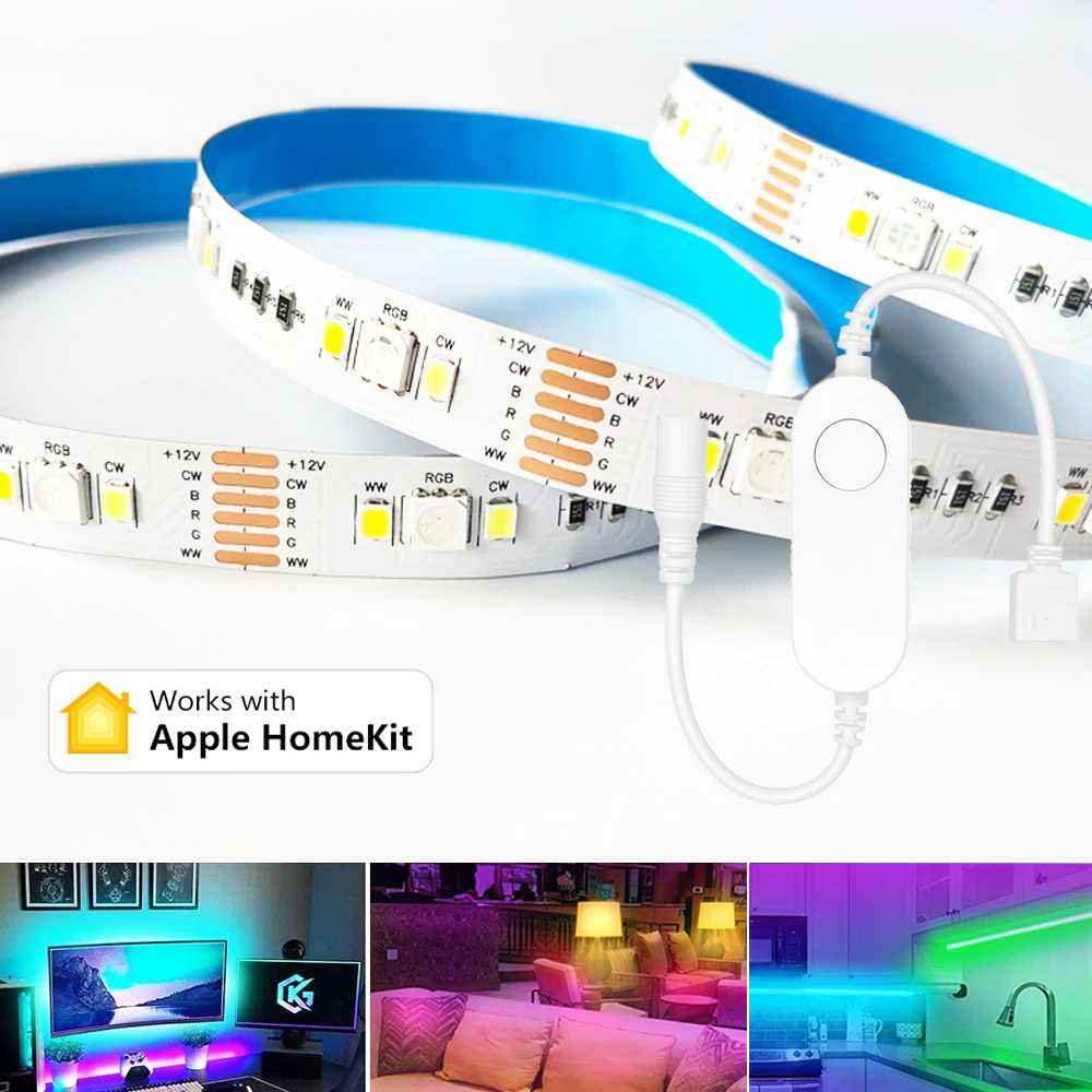 Homekit WiFi RGB+CCT LED Strip 12V 1m 2m 3m 4m 5m RGBCW Flexible Dimmable Lighting Band Room Deco APP Timer Siri Voice Control