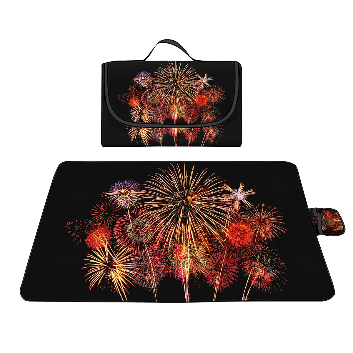 Romantic Fireworks Waterproof Washable Picnic Blanket Sandproof Lightweight Oxford Portable Beach Mat for Outdoor Hiking Travel