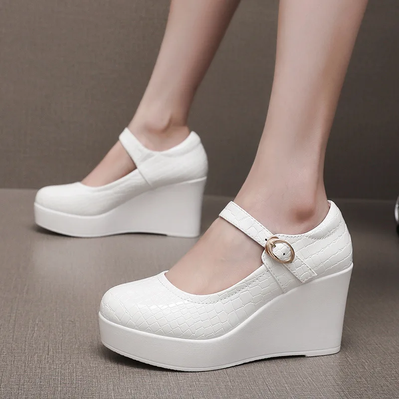 6cm 8cm Small Size 33-43 Shallow Patent Leather Mary Janes Woman High Heels 2025 Spring Thick Platform Wedges Shoes Office Mom