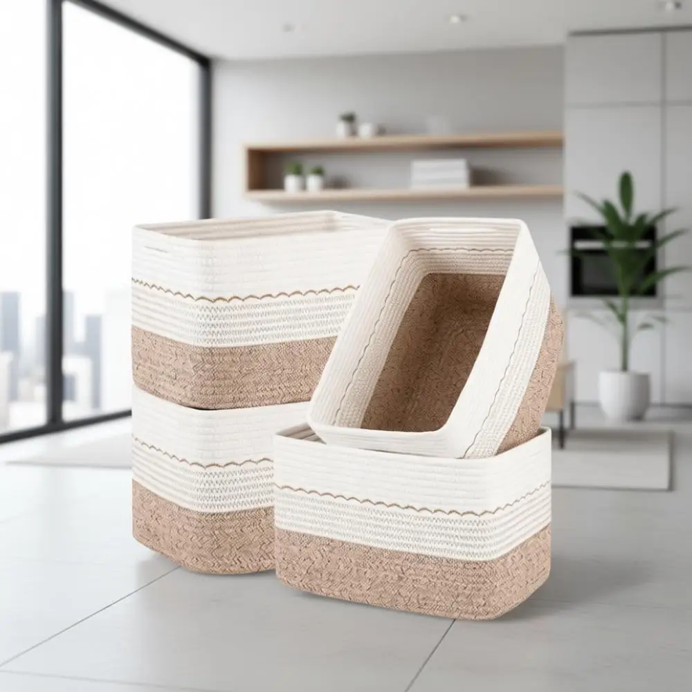 

Set of 4 Storage Baskets, 13x9x7.87, Decorative Rope Woven Baskets with Embroidery, Ideal for Shelves, Toys, Books, and Towels,