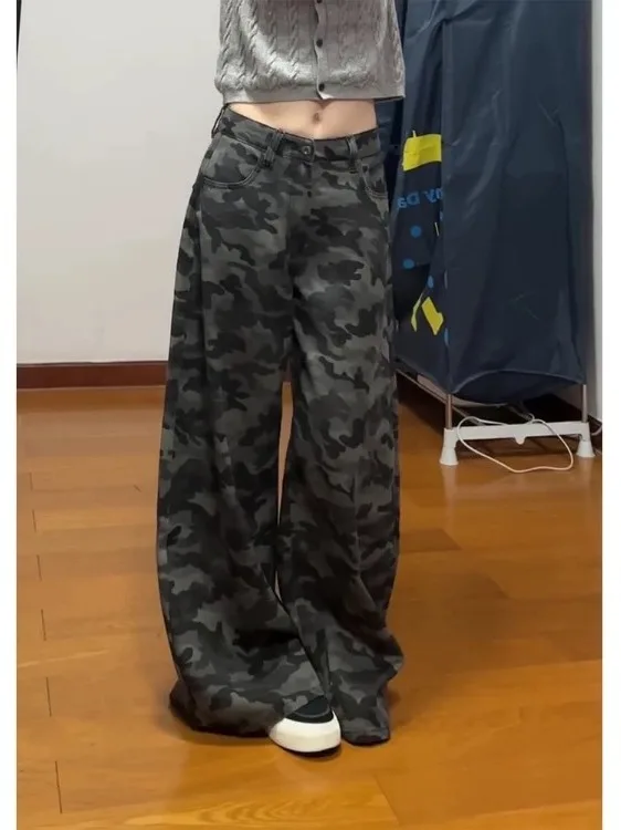 

High Waist Straight Leg Camouflage Jeans Women's American High Street Style Loose Fit Floor-Length Wide Leg Pants