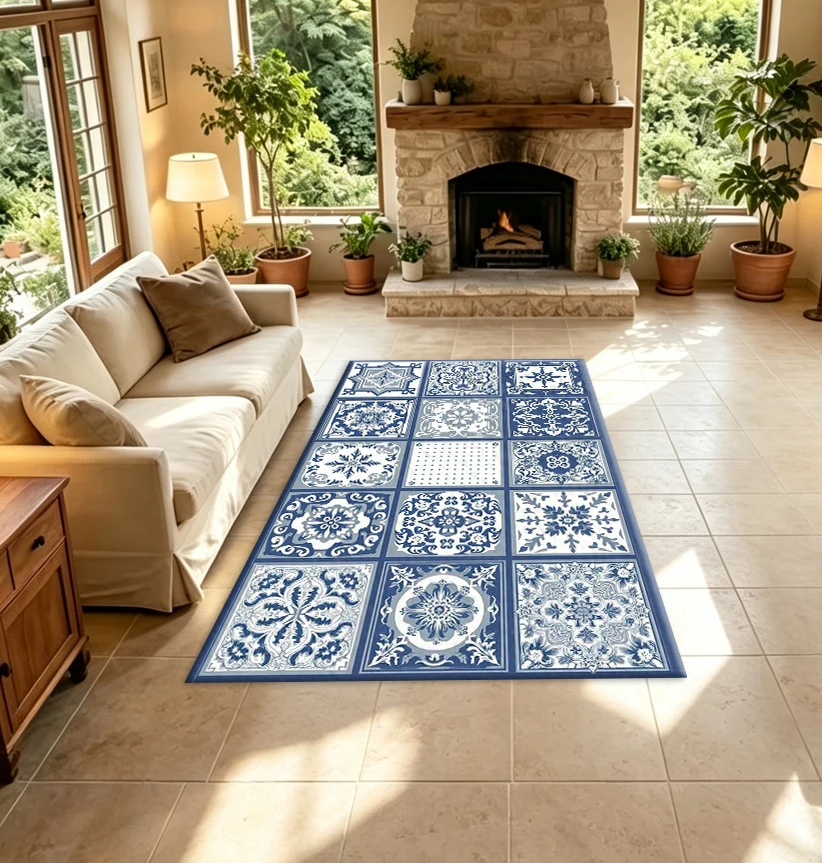 Blue and White Mediterranean Mosaic Tile Pattern Carpet Floor Interior Decoration Mat