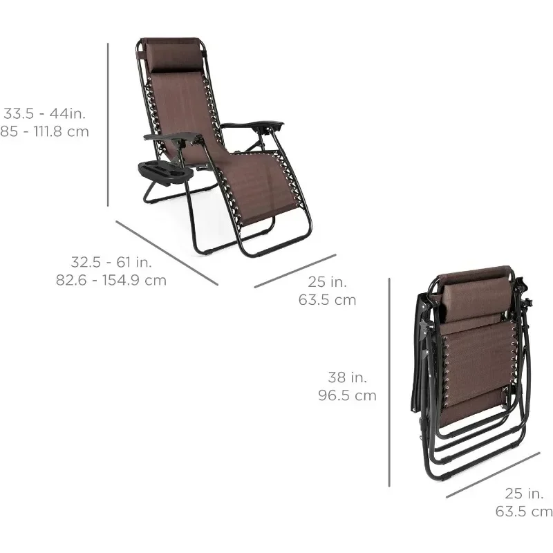 Best Choice Products Set of 2 Adjustable Steel Mesh Zero Gravity Lounge Chair Recliners w/Pillows and Cup Holder Trays, Brown