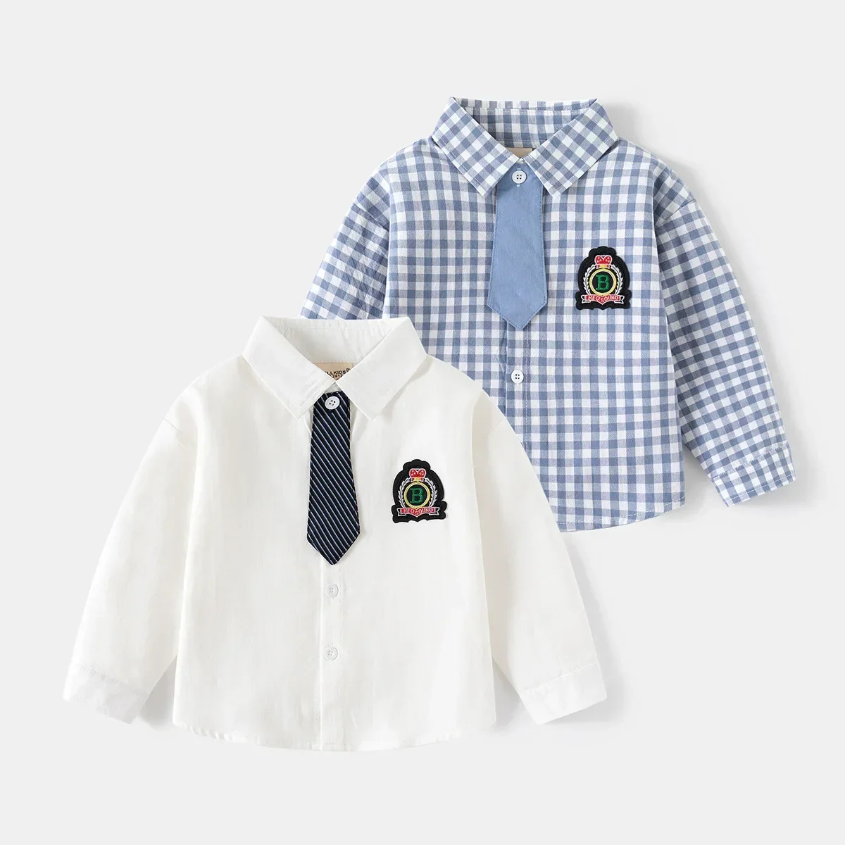 New 2024 Boys Spring Autumn Fashion Plaid Embroidery Shirts Tops Kids Casual Long Sleeve Lapel Necktie Shirt Children Clothing