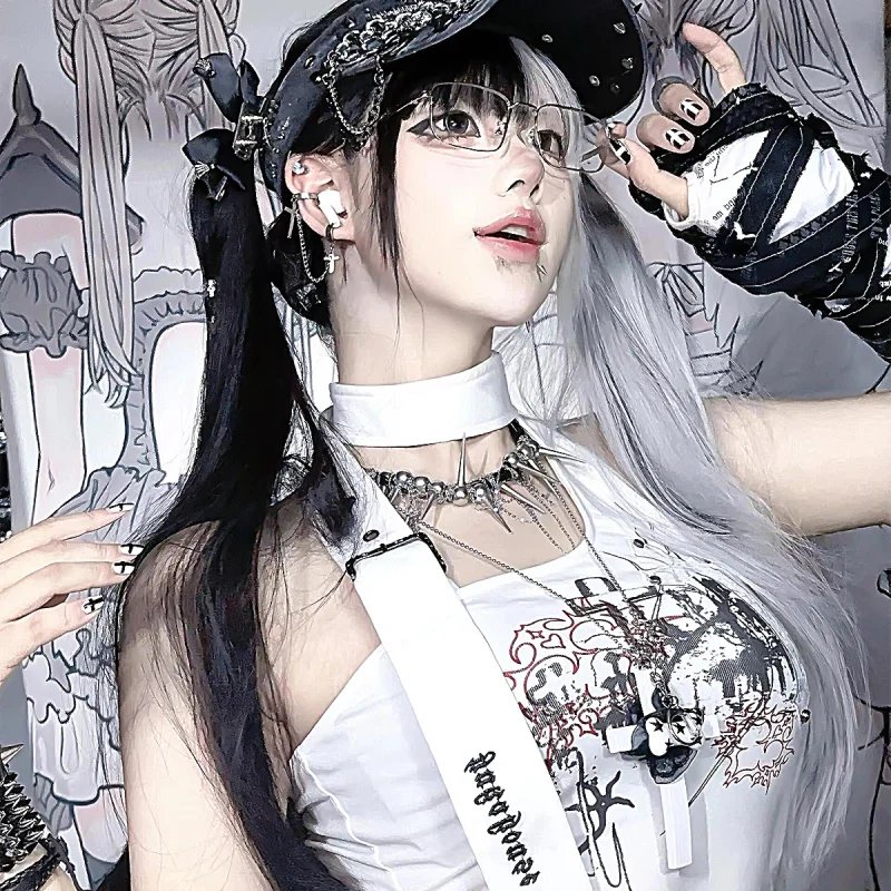 여성용 할로윈 가발 블랙 그레이 옴브레 발라야지 긴 직모 코스프레 유니버설 풀 헤드 가발